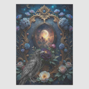 Papel De Seda Fantasía Gótica Floral Nocturna Cuervo Decoupage