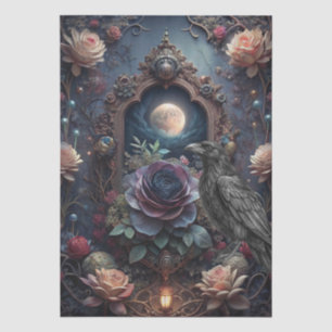 Papel De Seda Fantasía Gótica Floral Nocturna Cuervo Decoupage