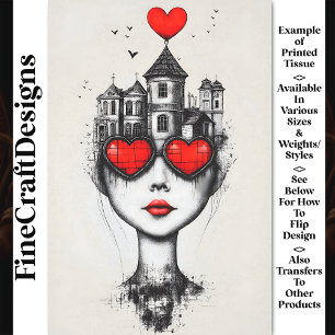 Papel De Seda Fantasía Gótica Surrealista Cabezas y Corazones AX