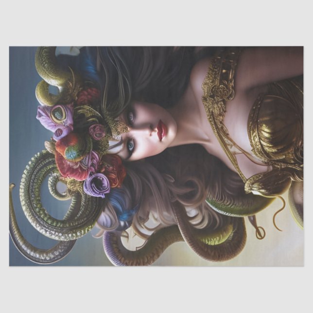 Papel De Seda Fantasía Hermosa Medusa Flores Snakes Decoupage (Anverso)