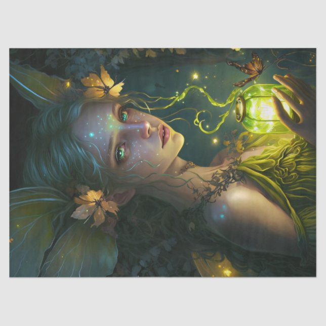 Papel De Seda Fantasía Hermosa Selva Verde Fairy Decoupage (Anverso)