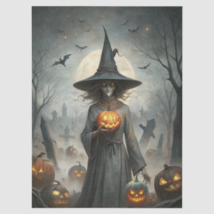 Papel De Seda Fantasía inquietante bruja gótica, calabazas y lun
