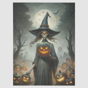 Papel De Seda Fantasía inquietante gótica Bruja, calabazas y lun