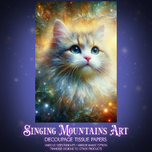 Papel De Seda Fantasía Mística Colorida de Gato en Decoupage