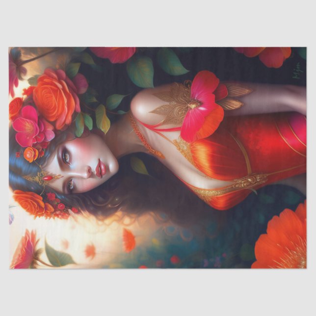 Papel De Seda Fantasía Red Fairy Red Flowpage Decoupage (Anverso)