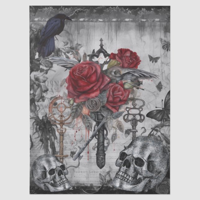 Papel De Seda Fantasía Rosas de Raven Gótico Calavera (Anverso)