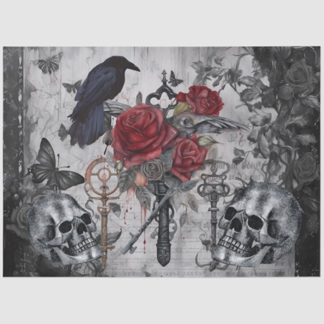 Papel De Seda Fantasía Rosas de Raven Gótico Calavera (Anverso)
