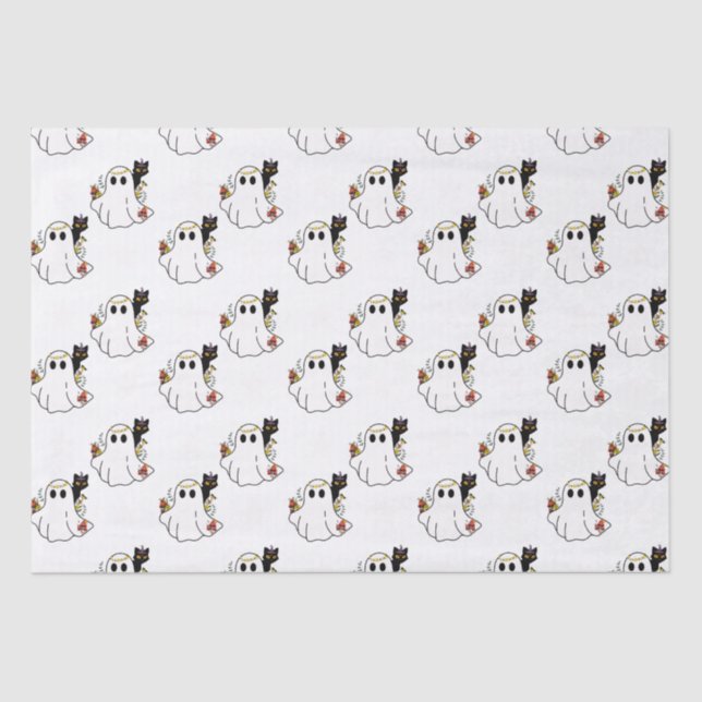 Papel De Seda Fantasma blanca y gatos negros Halloween blanco (Anverso)