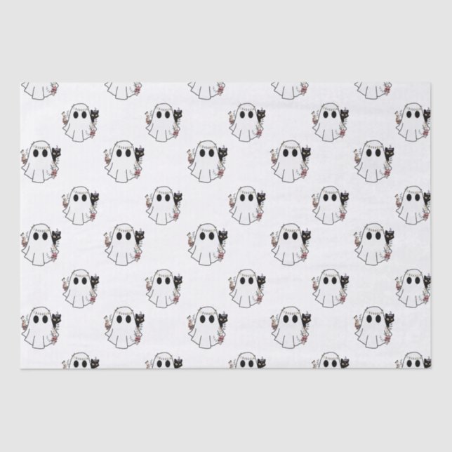Papel De Seda Fantasma blanca y gatos negros Halloween blanco (Anverso)