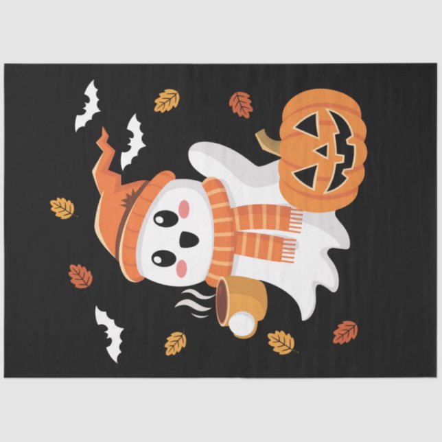 Papel De Seda Fantasma Lindo Bebiendo Café Helado Halloween  (Anverso)