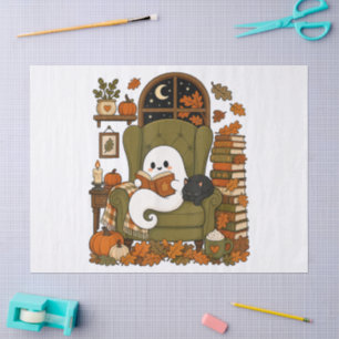Papel De Seda Fantasma Lindo Leyendo Libro Gato Negro Otoño Cala