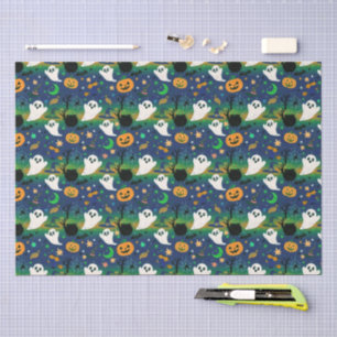 Papel De Seda Fantasma y Calabazas, Azul con Patrón Verde