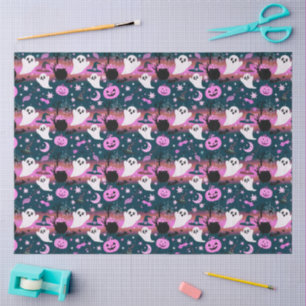 Papel De Seda Fantasma y calabazas, patrón rosa y azul