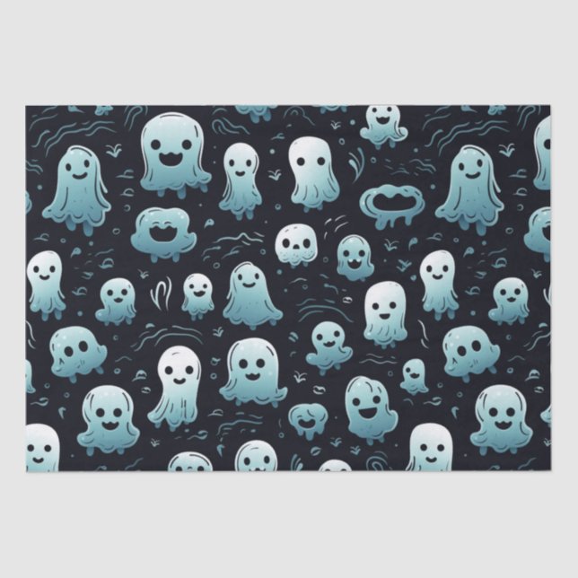 Papel De Seda Fantasmas azules adorables modernos Halloween negr (Anverso)