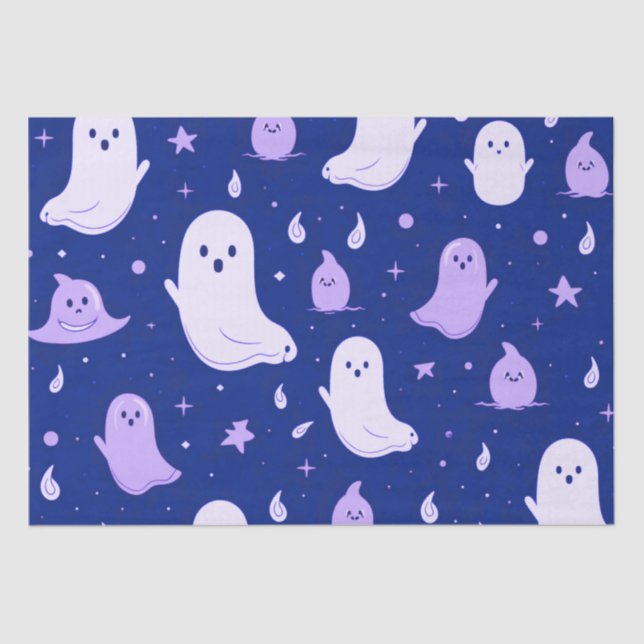 Papel De Seda Fantasmas blancos y morados: Halloween azul (Anverso)