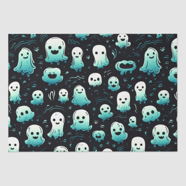 Papel De Seda Fantasmas verdes adorables Halloween negro moderno (Anverso)