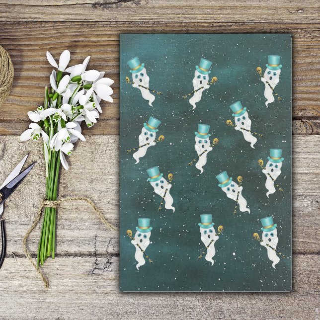 Papel De Seda Fantasmas vestidos flotando en sombreros de cielo  (Halloween ghosts in blue top hats with fancy skull canes floating in blue night sky on tissue paper.)