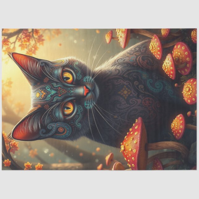 Papel De Seda Fantasy Mushroom Forest Black Cat (Anverso)