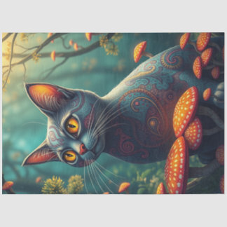 Papel De Seda Fantasy Mushroom Forest Blue Cat