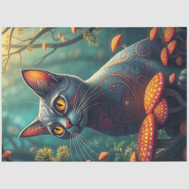 Papel De Seda Fantasy Mushroom Forest Blue Cat (Anverso)