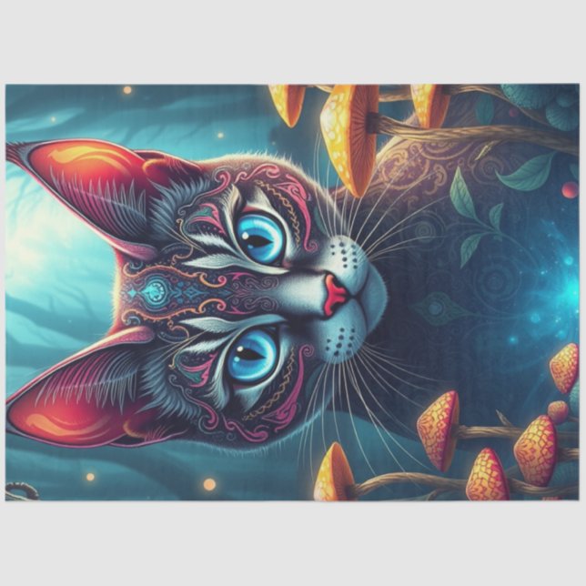 Papel De Seda Fantasy Mushroom Forest Blue eyed Cat  Tissue Pape (Anverso)