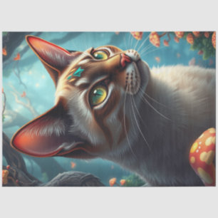 Papel De Seda Fantasy Mushroom Forest Colorful Cat