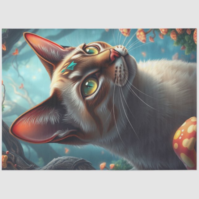 Papel De Seda Fantasy Mushroom Forest Colorful Cat (Anverso)