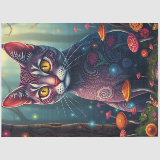 Papel De Seda Fantasy Mushroom Forest Purple Cat (Anverso)