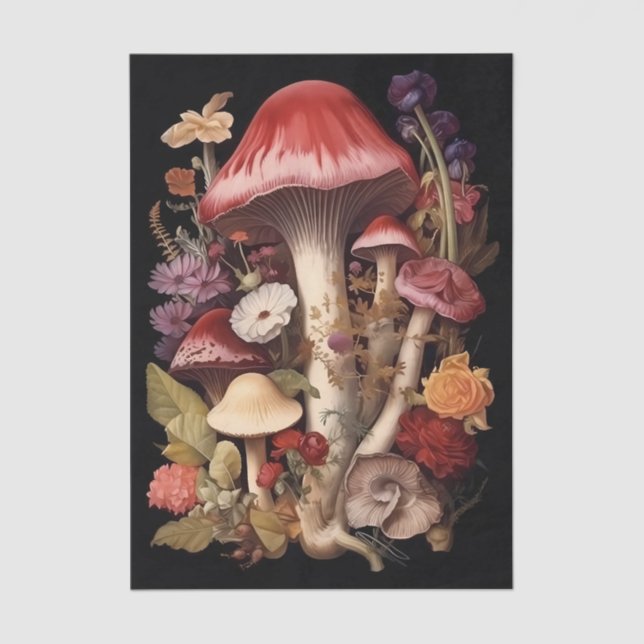 Papel De Seda Fantasy Mushrooms and Flowers on Black Background (Anverso)