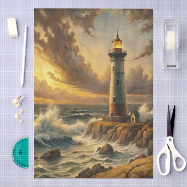 Papel De Seda Faro costero tormentoso hermoso Decoupage (Artesanía)