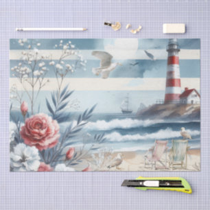Papel De Seda Faro de costa en acuarela, velero y gaviotas
