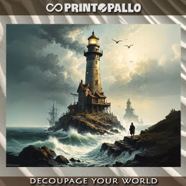 Papel De Seda Faro en el mar tormentoso con el guardián