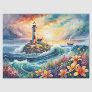 Papel De Seda Faro jardín floral en el mar