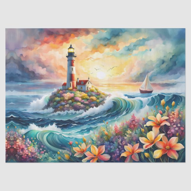 Papel De Seda Faro jardín floral en el mar (Anverso)