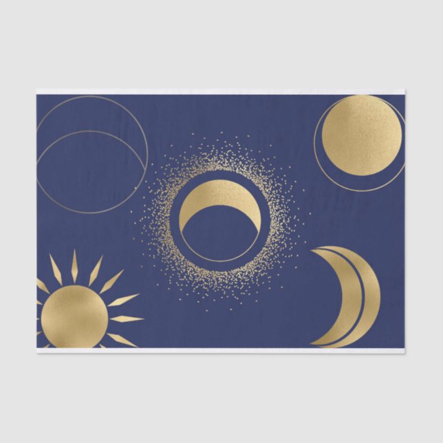 Papel De Seda Fases de luna de oro celestial eclipse azul púrpur (Anverso)