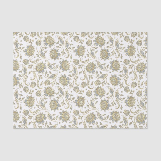 Papel De Seda Faux Gold y Purpurina Damask fondo blanco (Anverso)