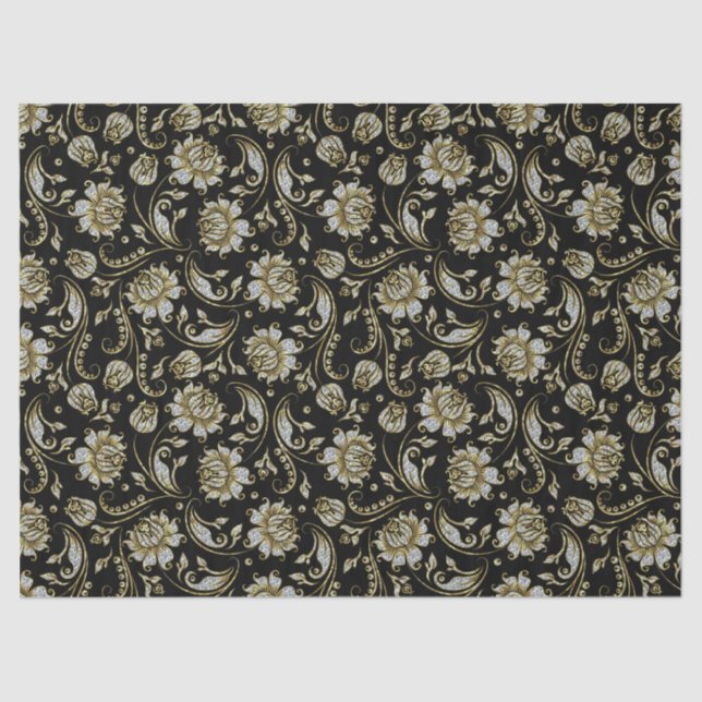 Papel De Seda Faux Gold y Purpurina Damask fondo negro (Anverso)