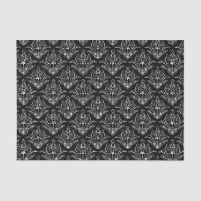 Papel De Seda Faux Silver Floral Damask fondo negro (Anverso)