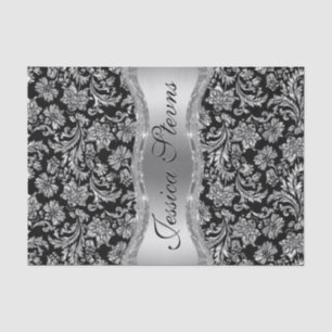 Papel De Seda Faux Silver Floral Damask fondo negro