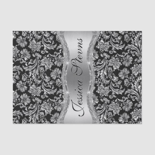 Papel De Seda Faux Silver Floral Damask fondo negro (Anverso)
