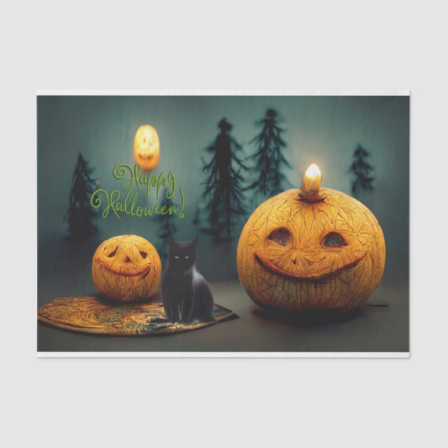 Papel De Seda Felices calabazas de Halloween y gato negro (Anverso)