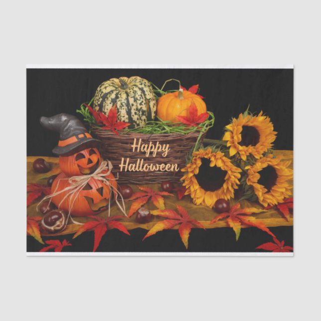 Papel De Seda Felices Calabazas de Halloween y Sunflowers (Anverso)