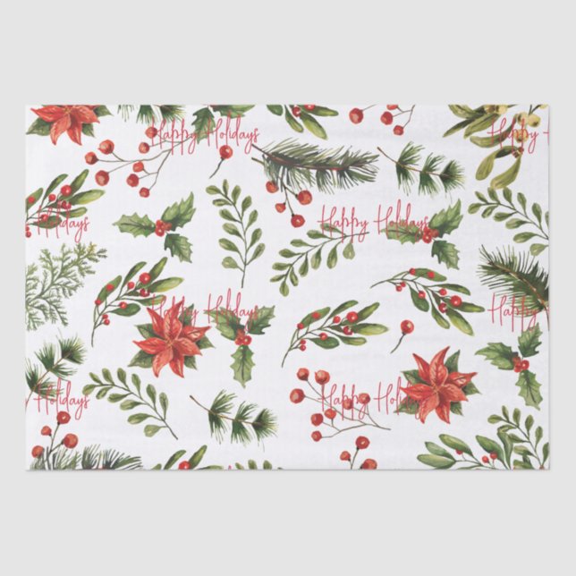 Papel De Seda Felices Fiestas Botánicas Poinsettia Greenery (Anverso)