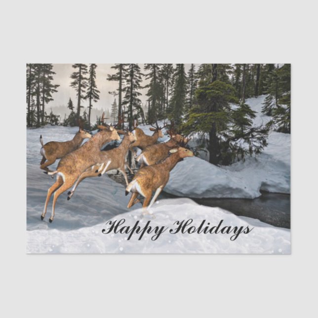 Papel De Seda Felices Fiestas Ciervo Rústico en Invierno (Anverso)