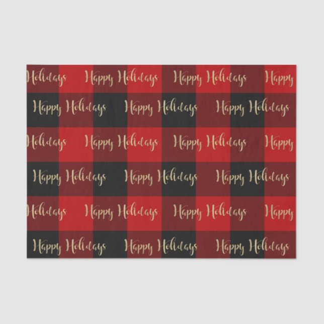 Papel De Seda Felices Fiestas Patrón de Cuadro Escocés Rojo y Ne (Anverso)