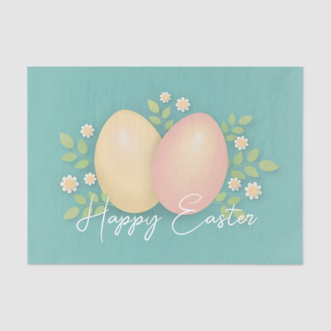 Papel De Seda Felices huevos de Pascua y flores azul suave (Anverso)