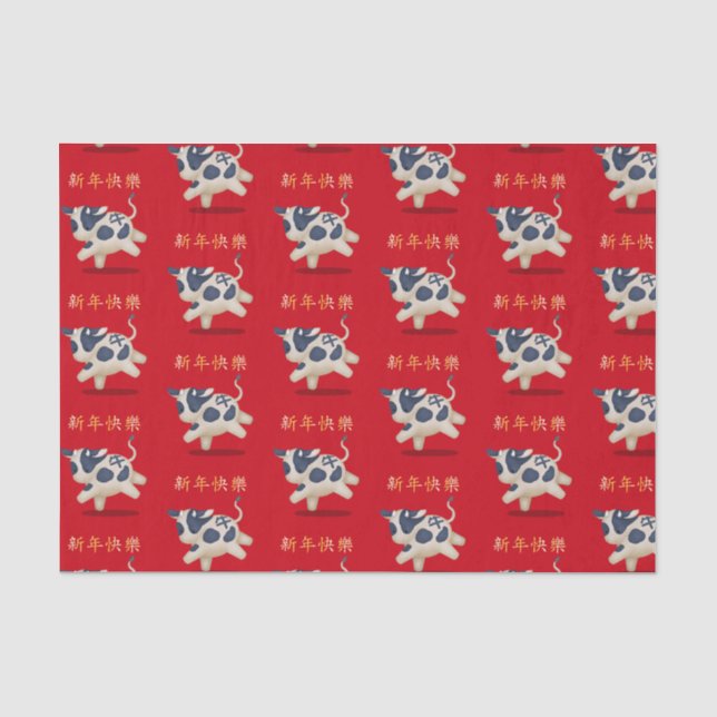 Papel De Seda "Feliz Año Nuevo" en chino Zodiac Ox (Anverso)