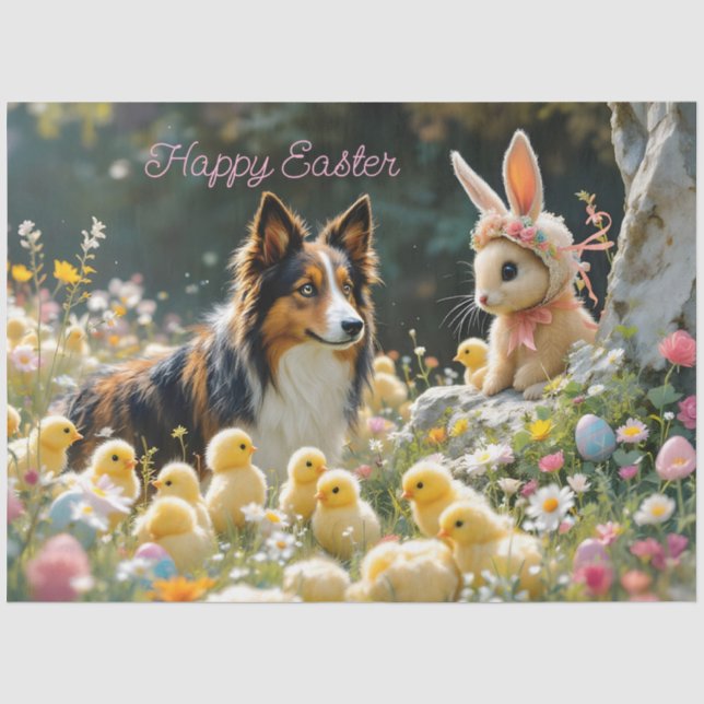 Papel De Seda Feliz Collie de Pascua y Chicas (Anverso)