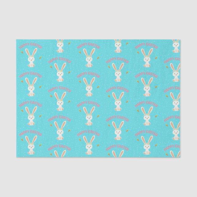 Papel De Seda Feliz conejito blanco de Pascua en azul (Anverso)