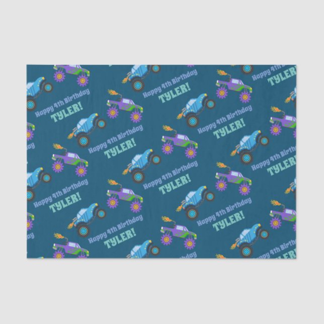 Papel De Seda Feliz Cumpleaños Camiones Monstruos DiY Nombre/Eda (Anverso)